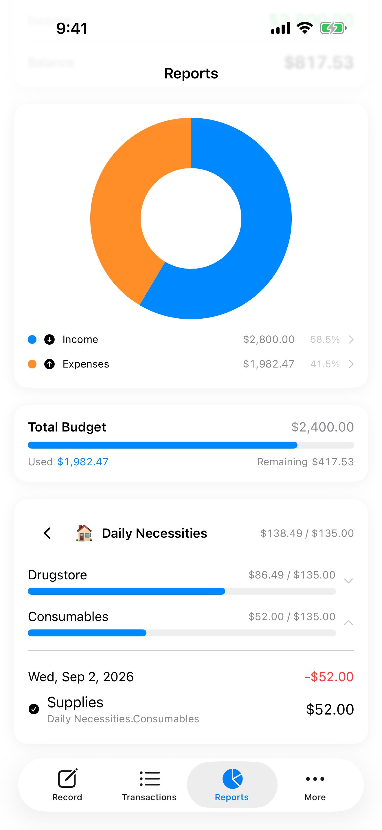 Kotori category budget and transaction list