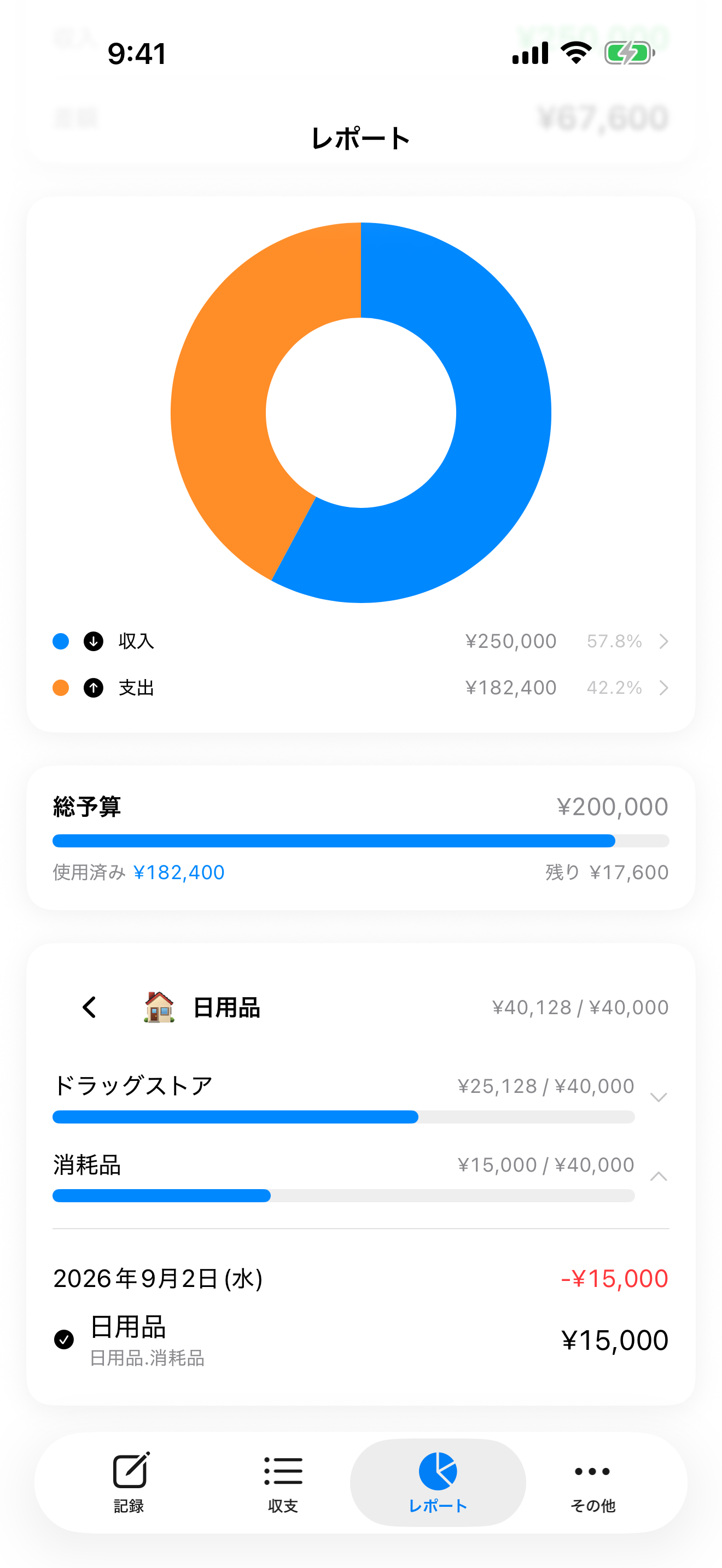 ことり アプリのカテゴリ別予算と取引一覧